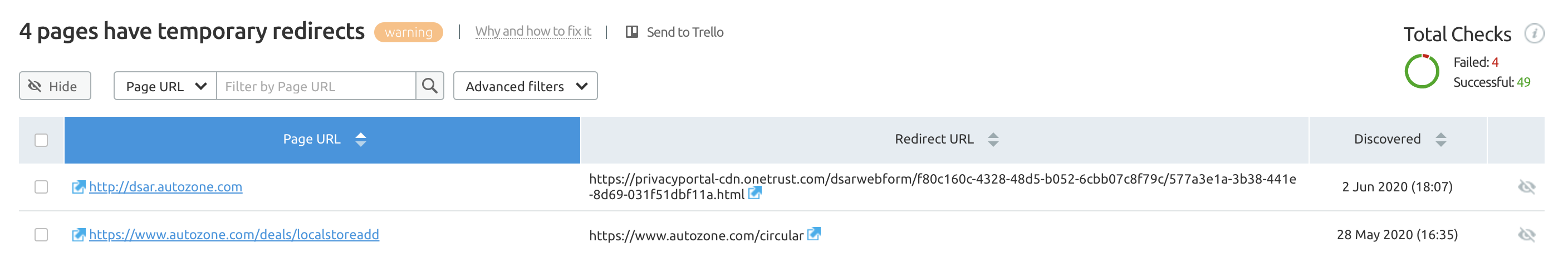 Пример отчета о перенаправлениях в SEMrush