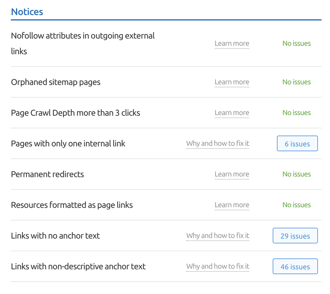 Уведомления о внутренних ссылках на аудит сайта