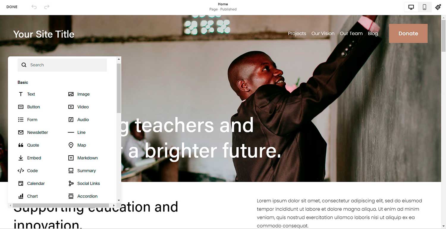 Редактирование шаблона в Squarespace