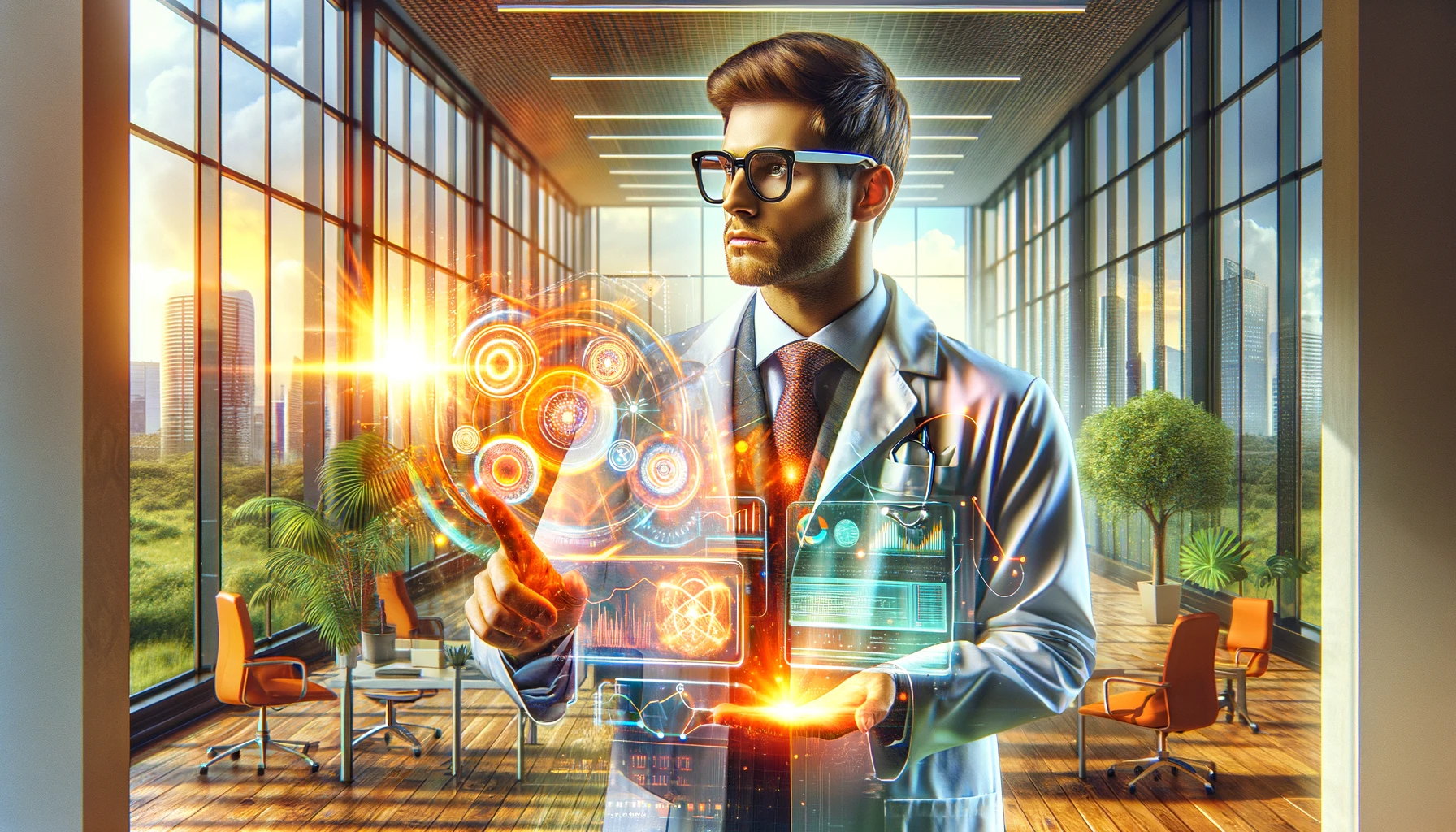 smart businessman in a hybrid outfit of a suit and a medical coat, looking at an orange hologram